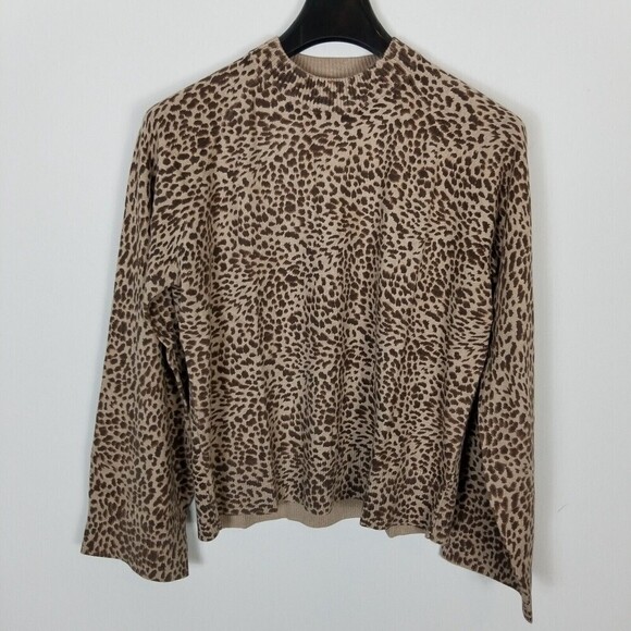 Monrow Women Brown Leopard Print Cotton Cashmere Mock Neck Sweater L - Picture 3 of 6